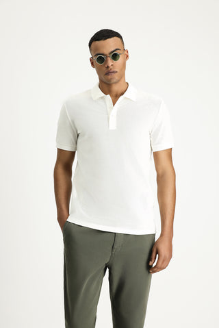 Ekru Slim Fit Dar Kesim Nakışlı Pamuk Polo Yaka Tişört