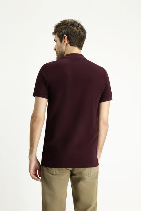Koyu Bordo Slim Fit Dar Kesim Nakışlı Pamuk Polo Yaka Tişört