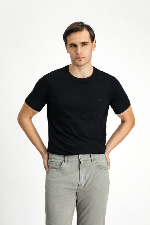 Black Crew Neck Slim Fit Narrow Cut Cotton T-Shirt