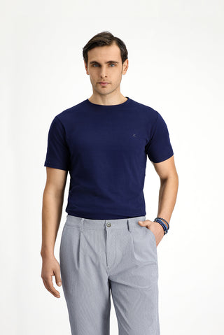 Koyu Lacivert Bisiklet Yaka Slim Fit Dar Kesim Pamuk Tişört