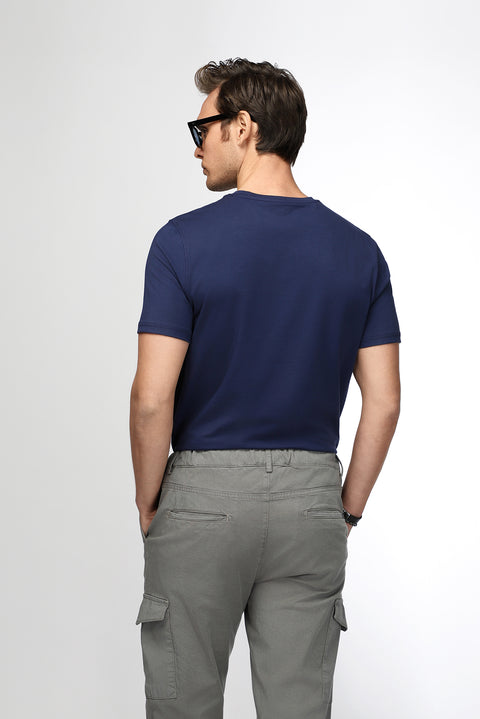 Medium Navy Crew Neck Slim Fit Soft Textured Cotton Lycra Stretch T-Shirt