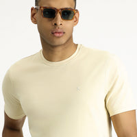 Light Beige Crew Neck Slim Fit Soft Textured Cotton Lycra Stretch T-Shirt