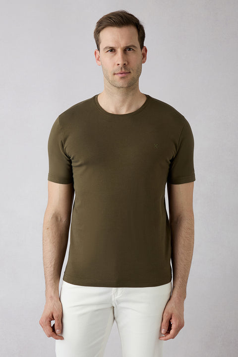 Medium Khaki Crew Neck Slim Fit Soft Textured Cotton Lycra Stretch T-Shirt