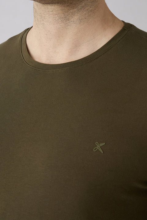 Medium Khaki Crew Neck Slim Fit Soft Textured Cotton Lycra Stretch T-Shirt