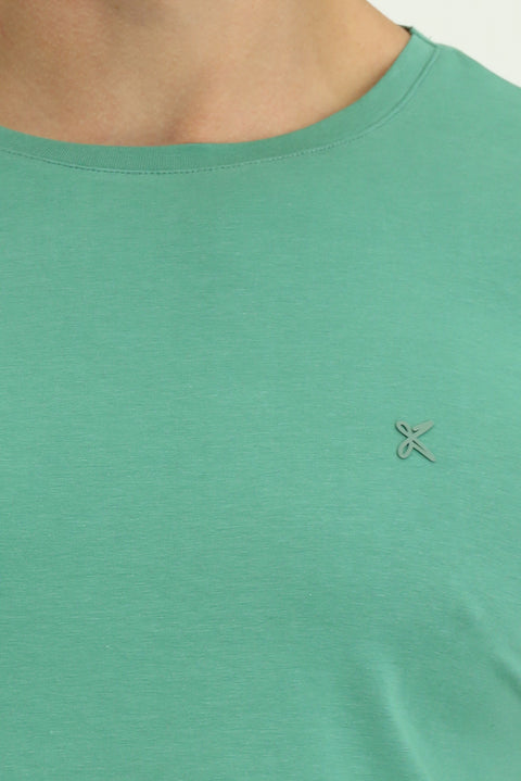 Coral Green Crew Neck Slim Fit Soft Textured Cotton Lycra Stretch T-Shirt