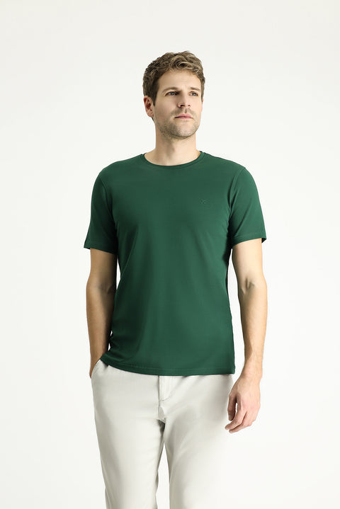 Koyu Yeşil Bisiklet Yaka Slim Fit Yumuşak Dokulu Pamuklu Likralı Esnek Tişört
