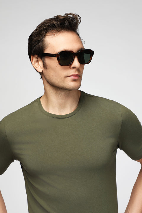 Medium Khaki Crew Neck Slim Fit Narrow Cut Cotton T-Shirt