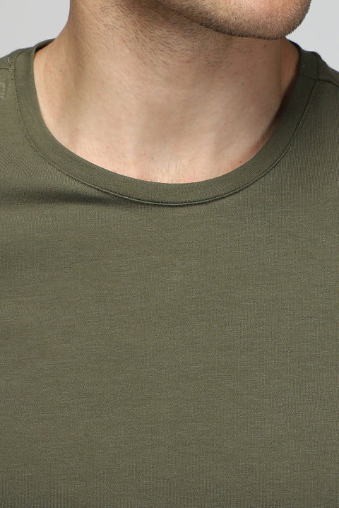 Medium Khaki Crew Neck Slim Fit Narrow Cut Cotton T-Shirt