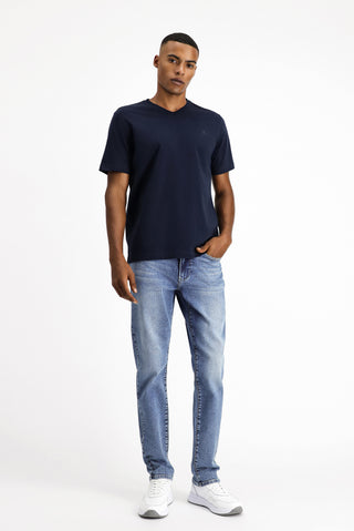 Orta Lacivert V Yaka Slim Fit Dar Kesim Süprem Pamuklu Basic Tişört