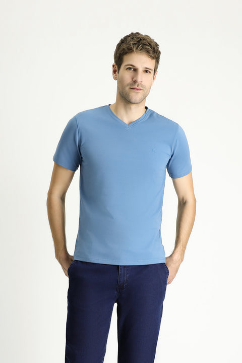 Havacı Mavi V Yaka Slim Fit Dar Kesim Süprem Pamuklu Basic Tişört