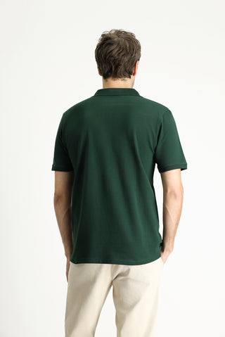Koyu Yeşil Regular Fit Nakışlı Pamuk Polo Yaka Tişört