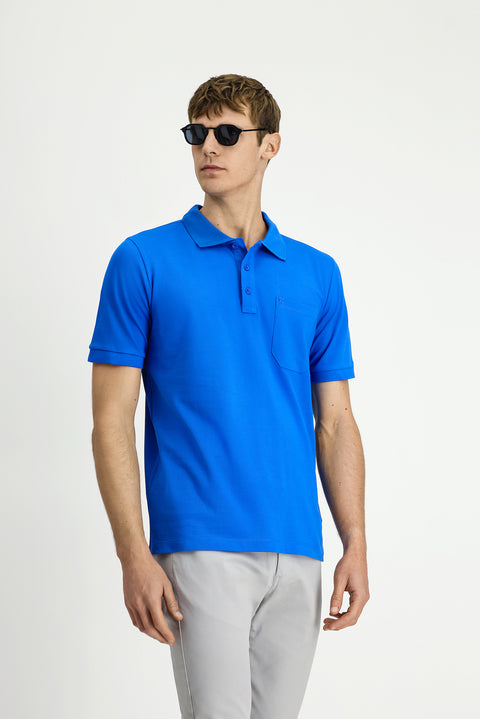 Saks Mavi Regular Fit Pamuk Nakışlı Cepli Kıvrılmaz Polo Yaka Tişört