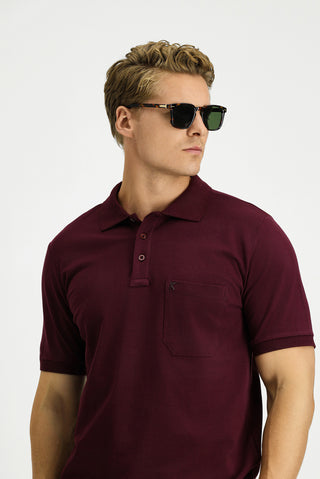 Koyu Bordo Regular Fit Pamuk Nakışlı Cepli Kıvrılmaz Polo Yaka Tişört