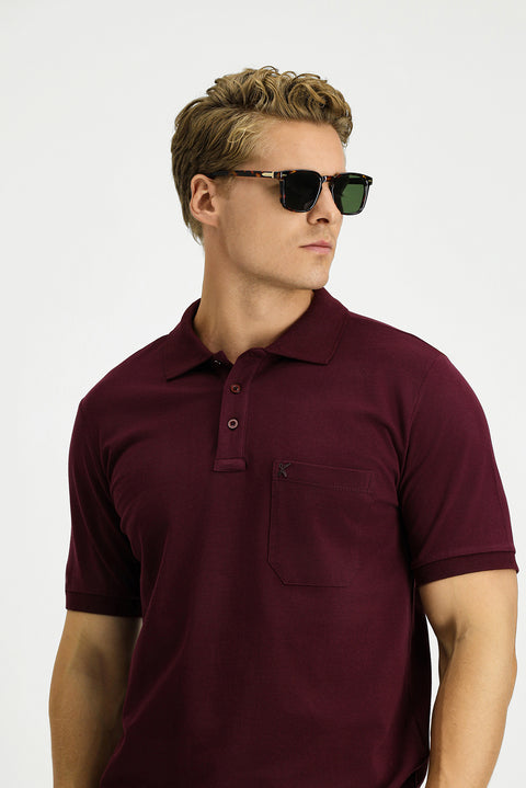 Koyu Bordo Regular Fit Pamuk Nakışlı Cepli Kıvrılmaz Polo Yaka Tişört