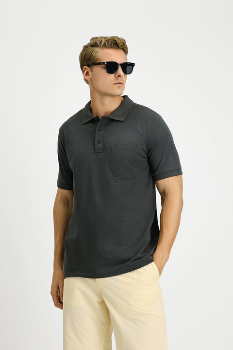 Dark Anthracite Regular Fit Cotton Embroidered Pocketed Non-Rash Polo Collar T-Shirt