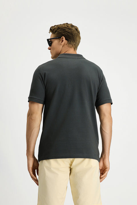 Dark Anthracite Regular Fit Cotton Embroidered Pocketed Non-Rash Polo Collar T-Shirt