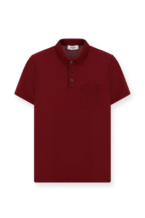 Koyu Bordo Regular Fit Pamuklu Nakışlı Cepli Polo Yaka Tişört