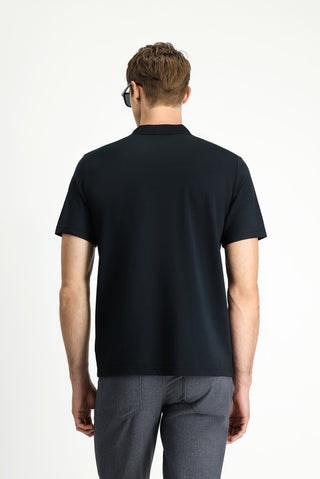 Siyah Regular Fit Pamuklu Nakışlı Cepli Polo Yaka Tişört