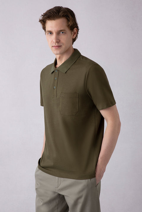 Medium Khaki Regular Fit Cotton Embroidered Pocket Polo T-Shirt