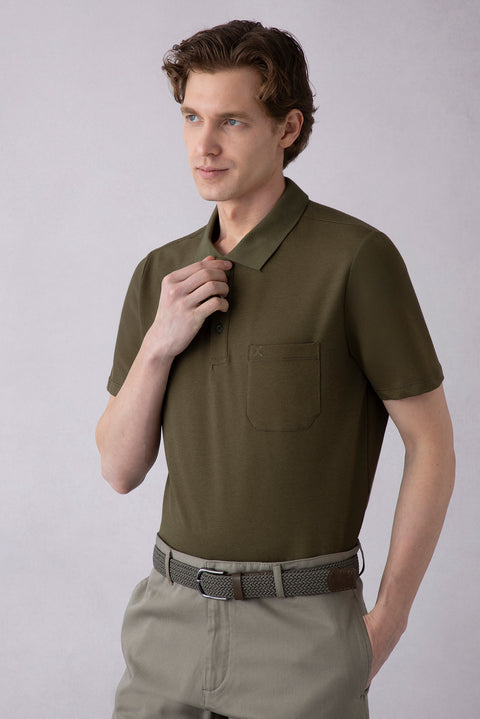 Medium Khaki Regular Fit Cotton Embroidered Pocket Polo T-Shirt