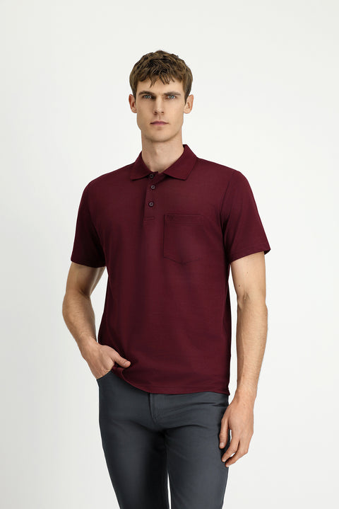 Dark Burgundy Regular Fit Cotton Embroidered Pocket Polo Shirt