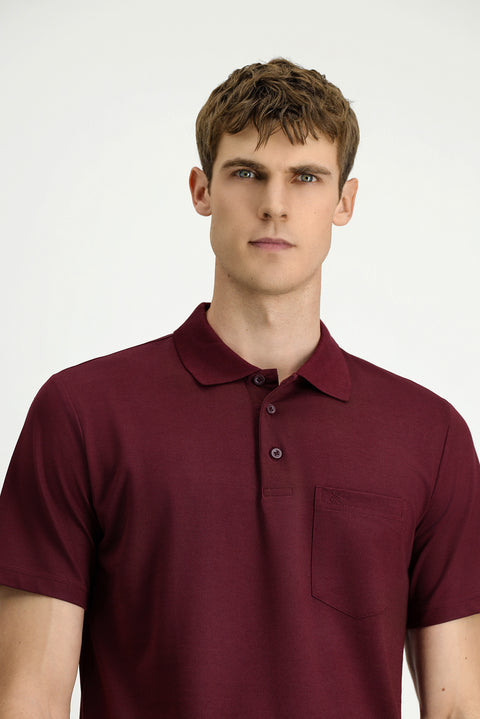 Dark Burgundy Regular Fit Cotton Embroidered Pocket Polo Shirt