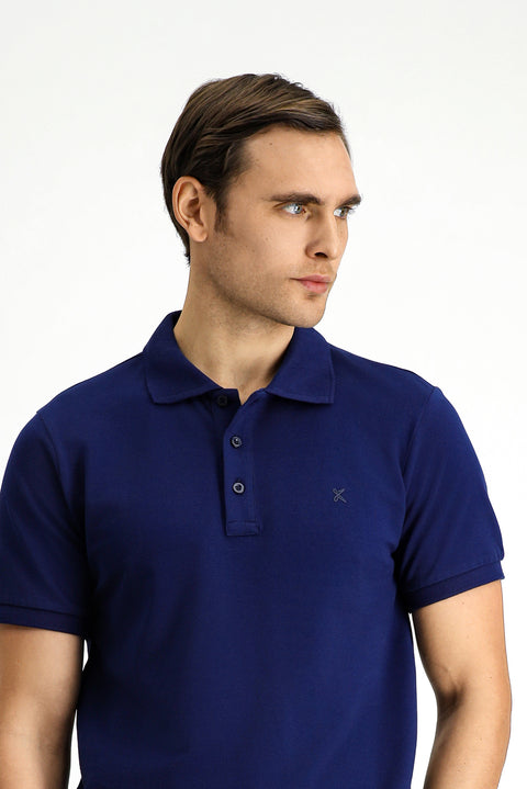 Orta Lacivert Slim Fit Dar Kesim Pamuk Kıvrılmaz Polo Yaka Tişört