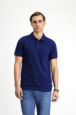 Orta Lacivert Slim Fit Dar Kesim Pamuk Kıvrılmaz Polo Yaka Tişört