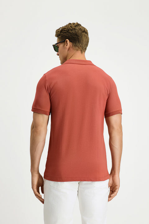 Tile-colored Slim Fit Narrow Cut Cotton Non-Wrinkle Polo Shirt