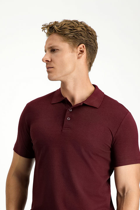 Dark Burgundy Slim Fit Embroidered Cotton Polo Shirt