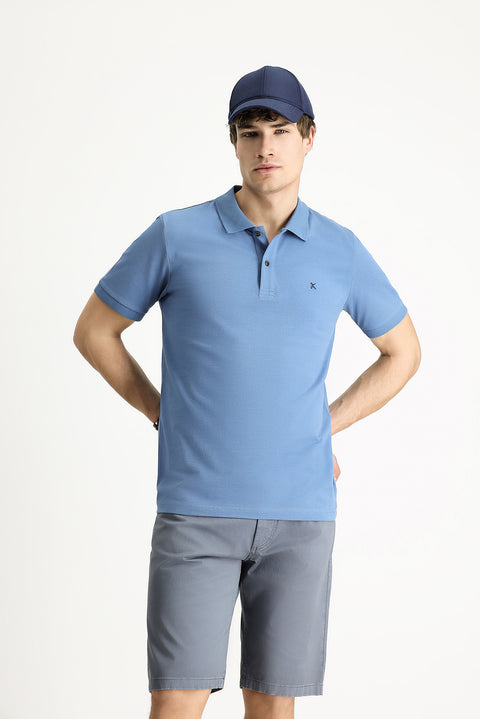 Aviator Blue Polo Collar Slim Fit Embroidered Cotton T-Shirt