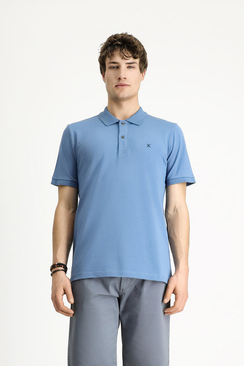 Aviator Blue Polo Collar Slim Fit Embroidered Cotton T-Shirt
