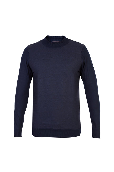 Navy Blue Half Turtleneck Wool Patterned Knit Sweater