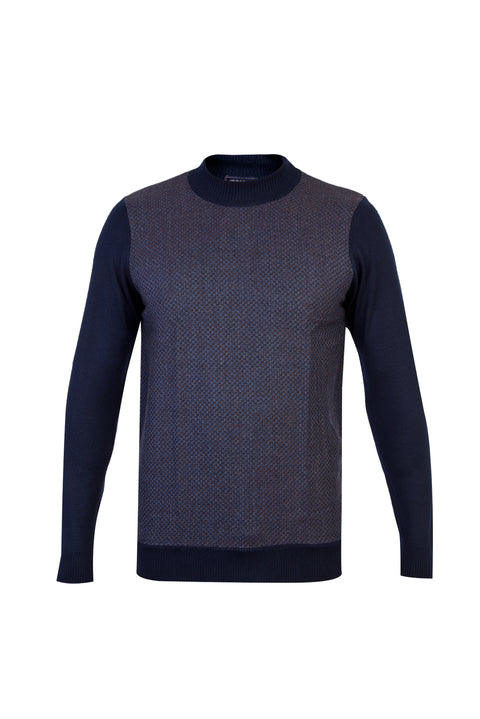 Navy Blue Half Turtleneck Wool Patterned Knit Sweater
