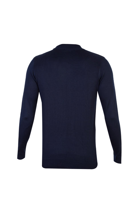 Navy Blue Half Turtleneck Wool Patterned Knit Sweater
