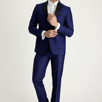 Navy Blue 7 Drop Slim Fit Narrow Cut Mono Collar Patterned Tuxedo & Groom Suit