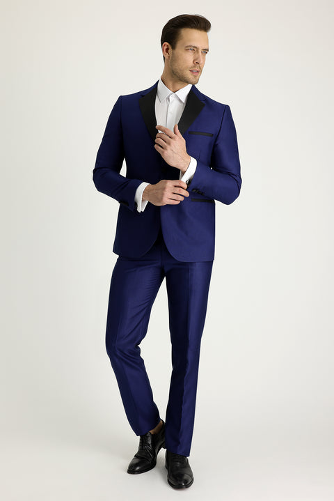 Navy Blue 7 Drop Slim Fit Narrow Cut Mono Collar Patterned Tuxedo & Groom Suit