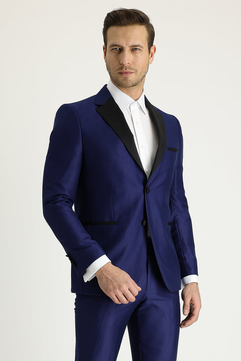 Navy Blue 7 Drop Slim Fit Narrow Cut Mono Collar Patterned Tuxedo & Groom Suit