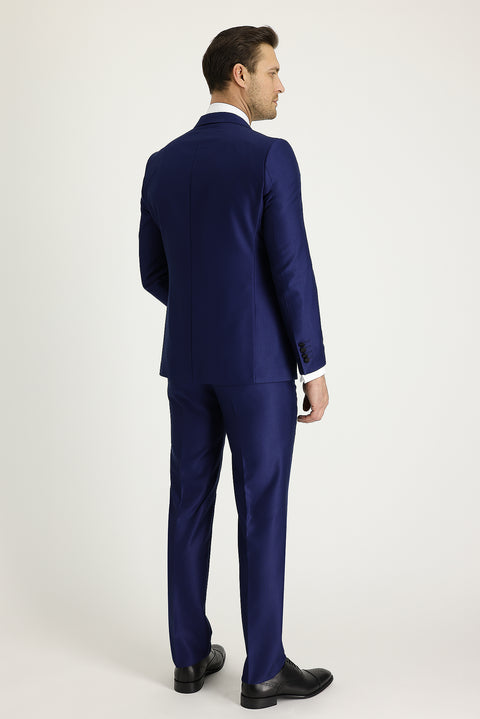 Navy Blue 7 Drop Slim Fit Narrow Cut Mono Collar Patterned Tuxedo & Groom Suit