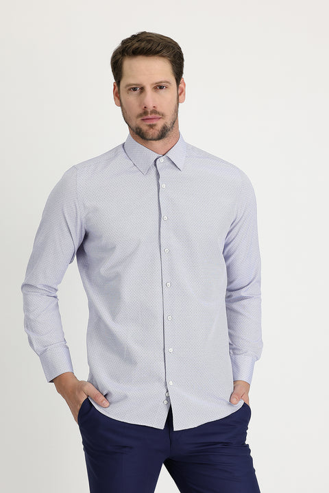 Navy Blue Long Sleeve Slim Fit Patterned Shirt