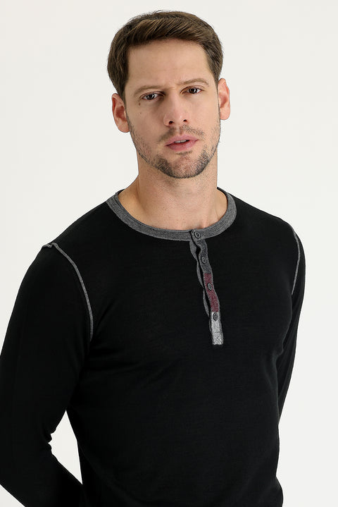 Black Button-Down Collar Slim Fit Narrow Cut Wool Knit Sweater