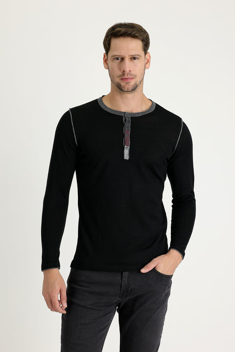 Black Button-Down Collar Slim Fit Narrow Cut Wool Knit Sweater