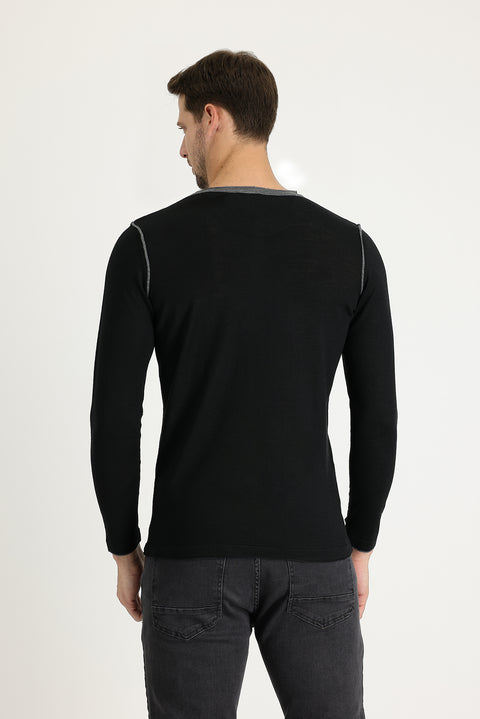 Black Button-Down Collar Slim Fit Narrow Cut Wool Knit Sweater