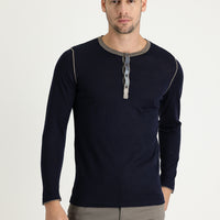 Navy Blue Button-Down Collar Slim Fit Narrow Cut Patterned Wool Knit Sweater