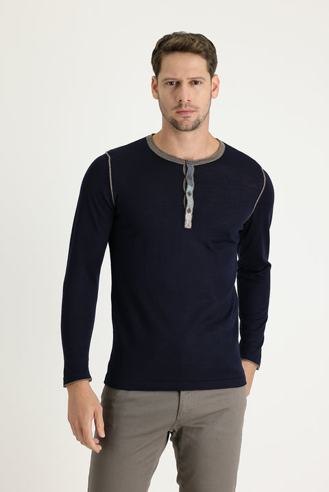 Navy Blue Button-Down Collar Slim Fit Narrow Cut Patterned Wool Knit Sweater