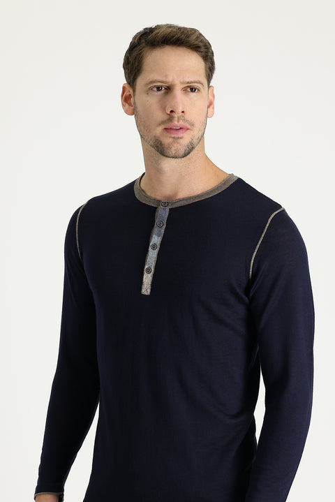 Navy Blue Button-Down Collar Slim Fit Narrow Cut Patterned Wool Knit Sweater