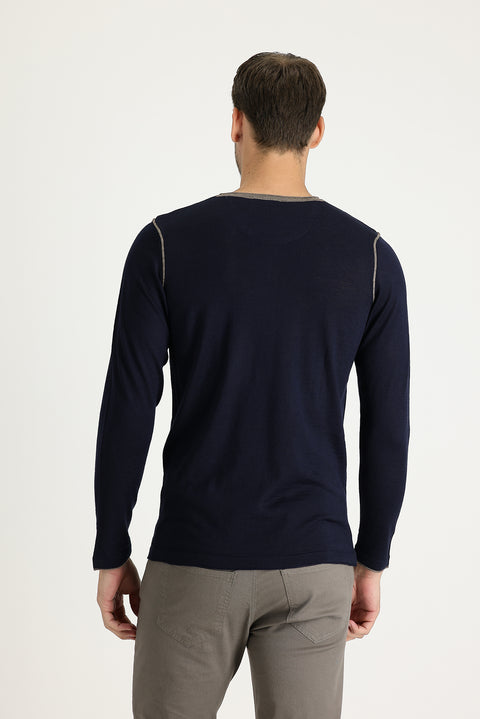Navy Blue Button-Down Collar Slim Fit Narrow Cut Patterned Wool Knit Sweater