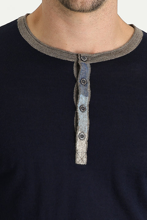 Navy Blue Button-Down Collar Slim Fit Narrow Cut Patterned Wool Knit Sweater