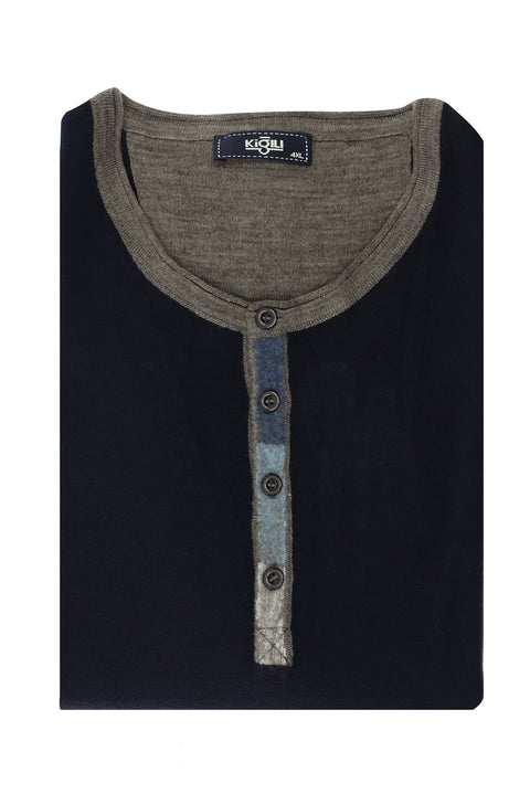 Navy Blue Plus Size Crew Neck Patterned Wool Knit Sweater