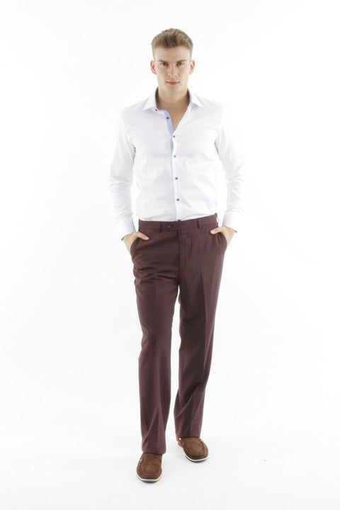 Burgundy 6 Drop Regular Fit Standard Cut Classic Fabric Trousers